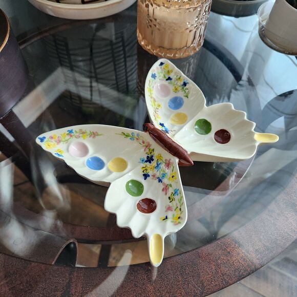 🦋 1970s Butterfly Floral Trinket Dish Tray Mid Century Decor Handpainted Retro - Picture 3 of 6